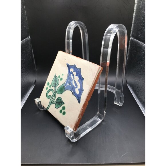 Vintage Mexican Talavera Tile Ceramic Blue Floral Green Foliage Design 4.5"x4.5" - Picture 4 of 11